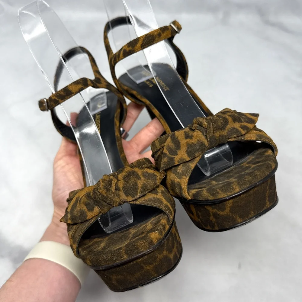 Saint Laurent Bianca Bow 105 Leopard Suede Platform Stiletto Sandal Heels Brown - Picture 6 of 16